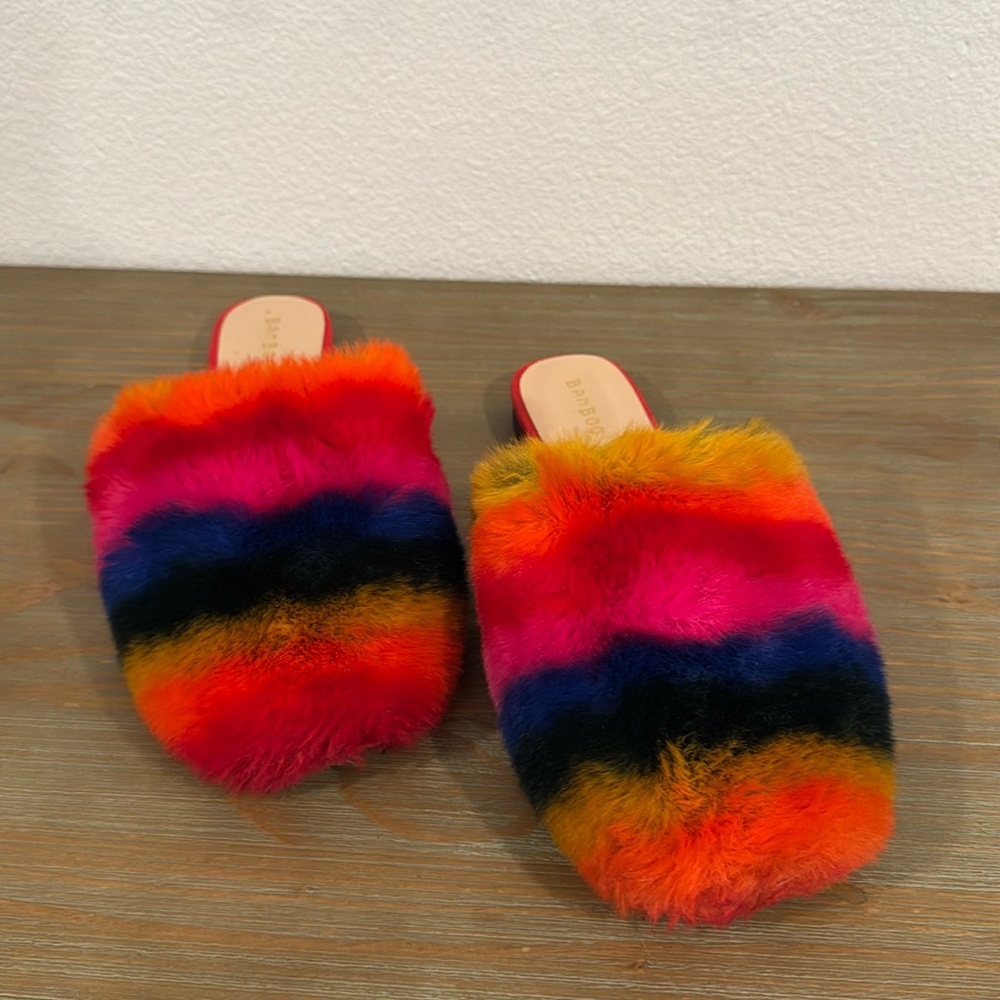 Bamboo multicolored rainbow furry (vegan) hard bottomed slides/mules size 10